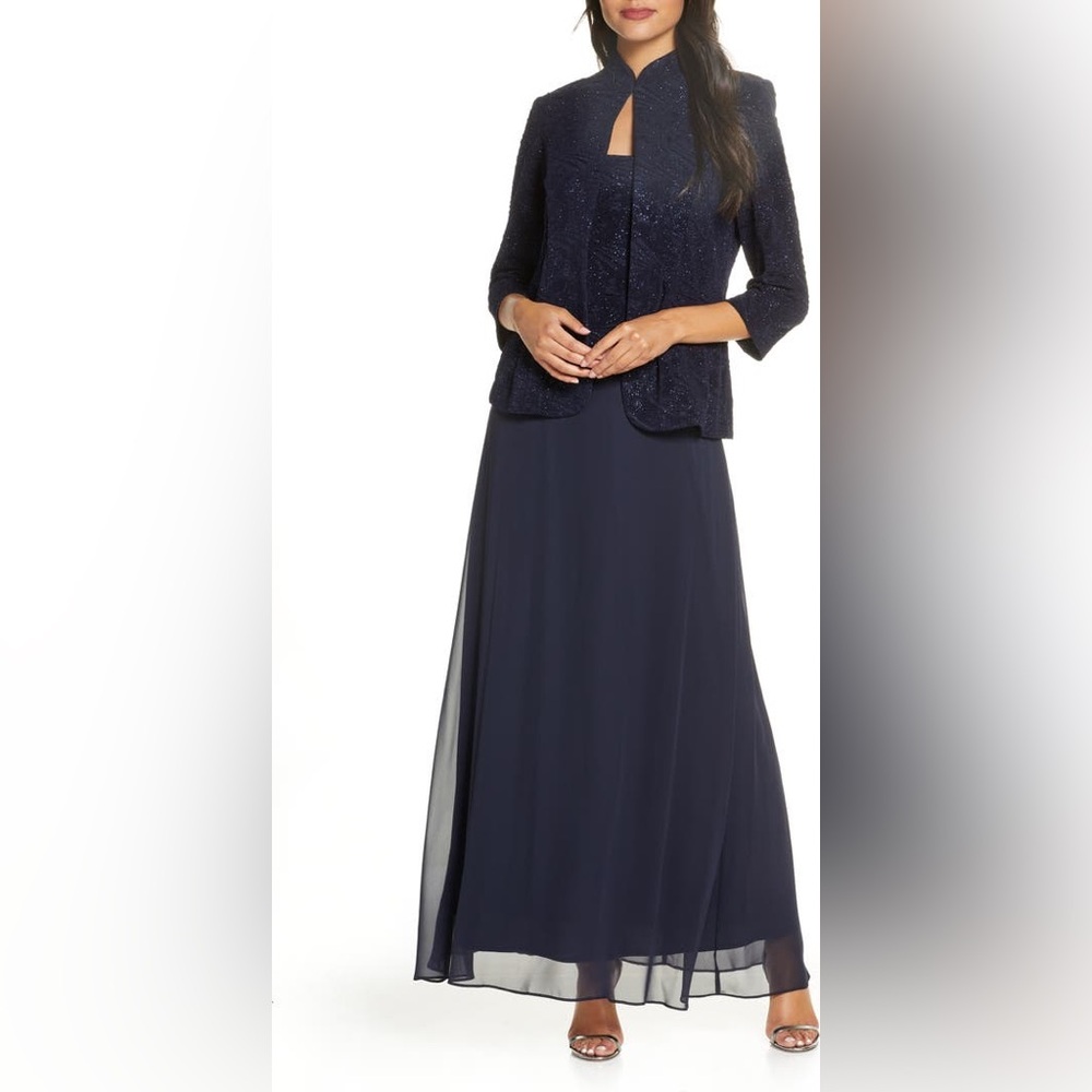 Alex Evening Sequin Mock Two-Piece Gown with Jacket. Size 8